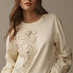 Anthropologie Cream Floral Embroidered Sweatshirt
